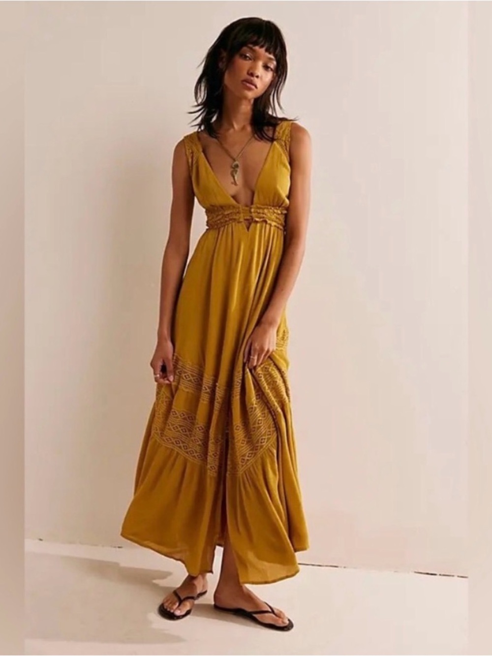 Free People Olive-Mustard Boho Maxi Dress with V-Neck
